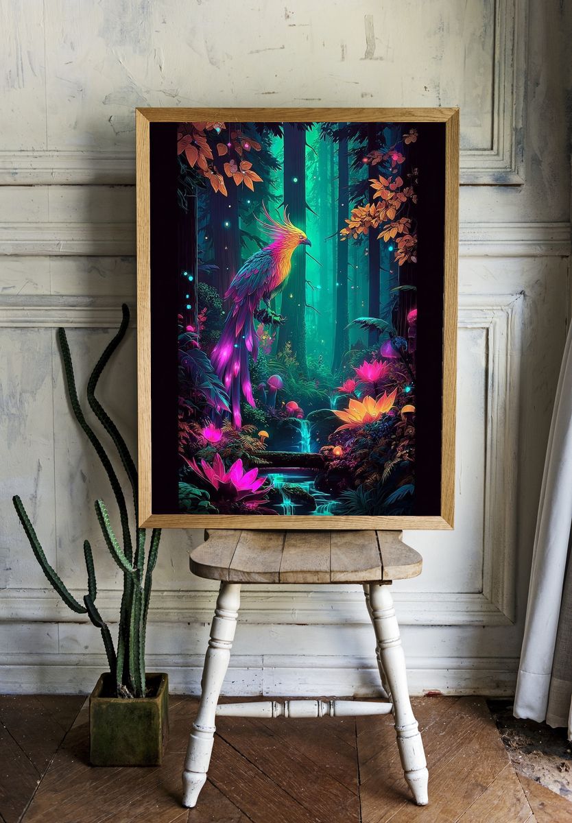 Neon Phoenix Forest Digital Art Poster room preview