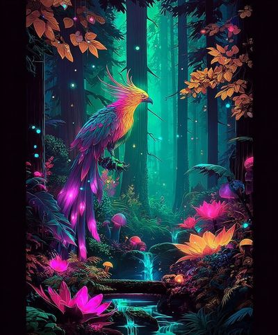 Neon Phoenix Forest Digital Art Poster. poster