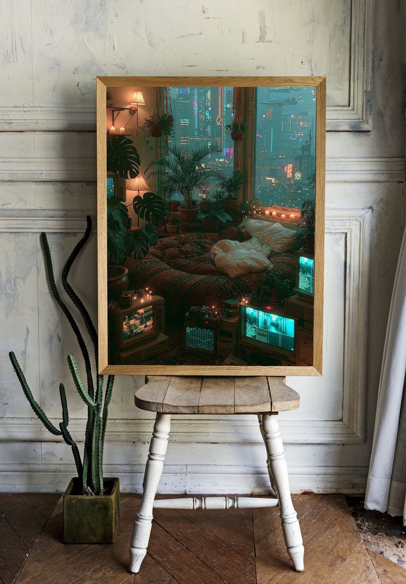 Cyberpunk Bedroom Cityscape Poster. room preview