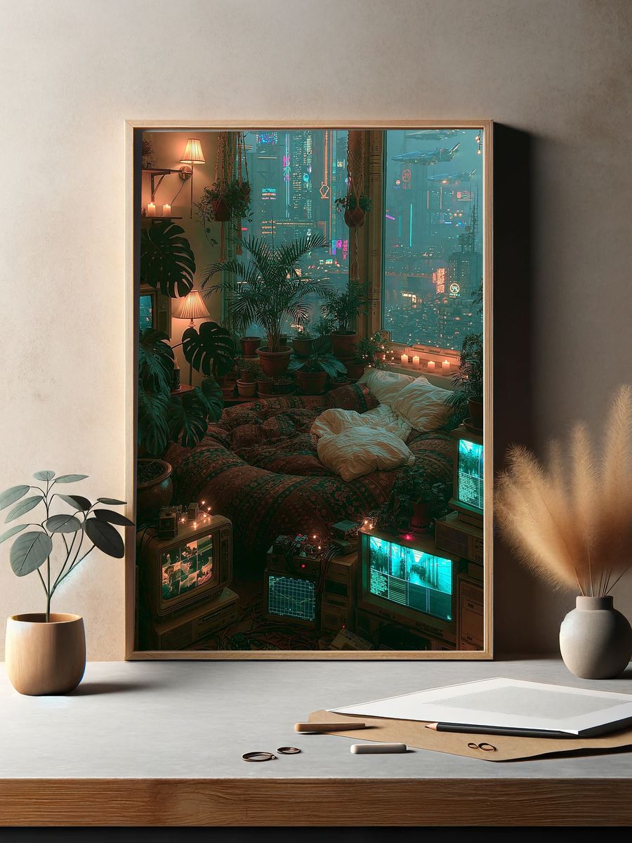 Cyberpunk Bedroom Cityscape Poster. — room view 2