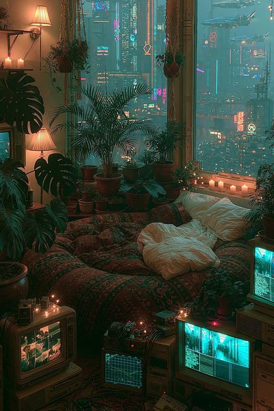 Cyberpunk Bedroom Cityscape Poster. poster