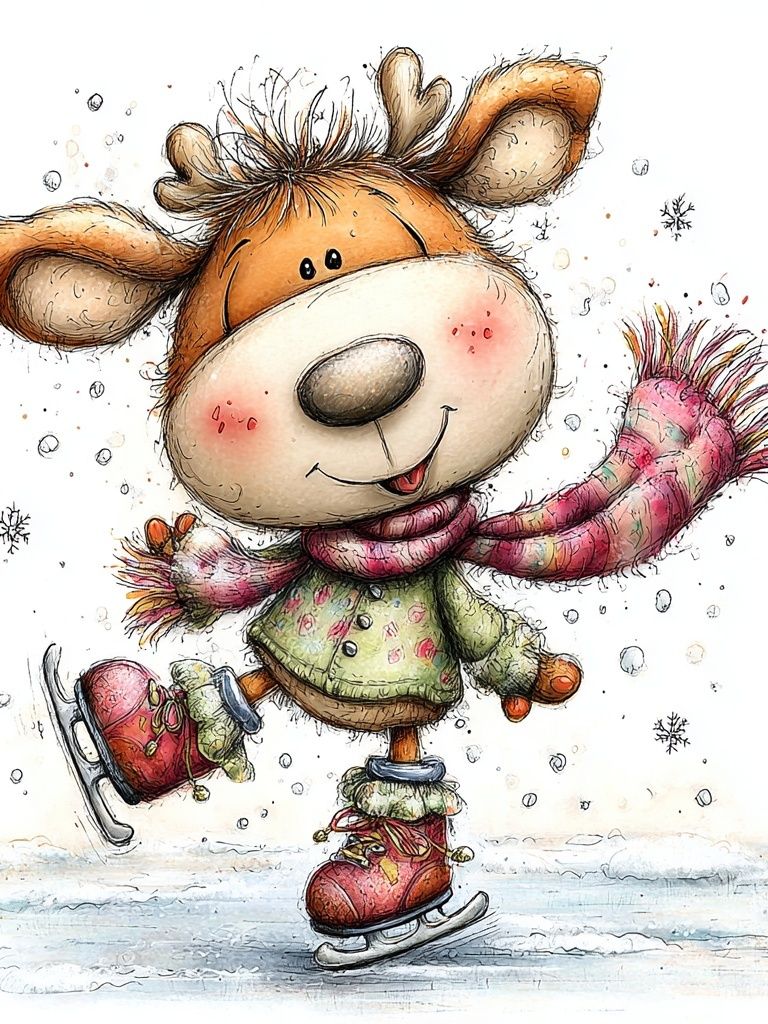 Winter Skating Deer Illustration Poster. poster — illustration art