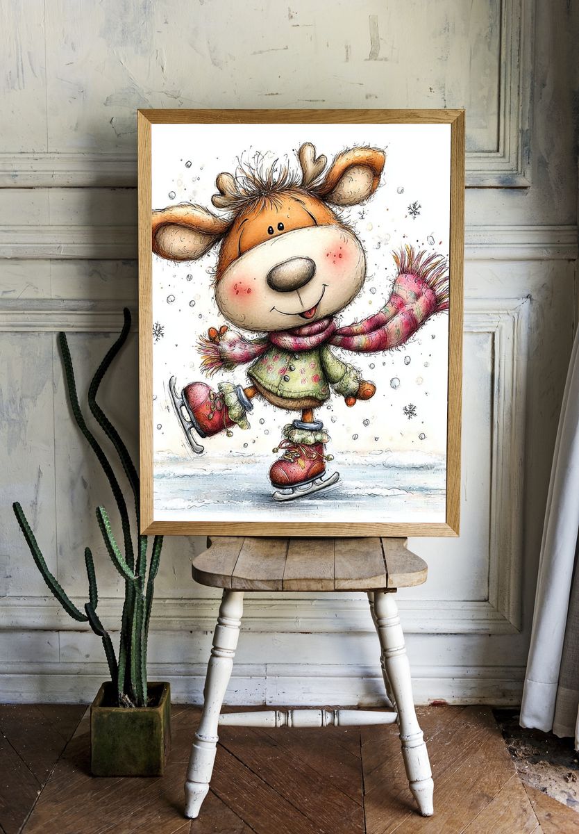 Winter Skating Deer Illustration Poster. room preview