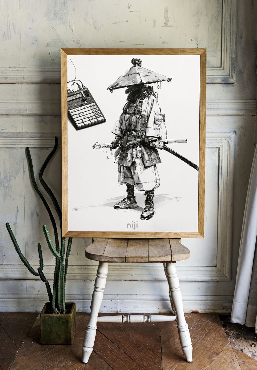 Samurai Ink Illustration Poster. — room view 1