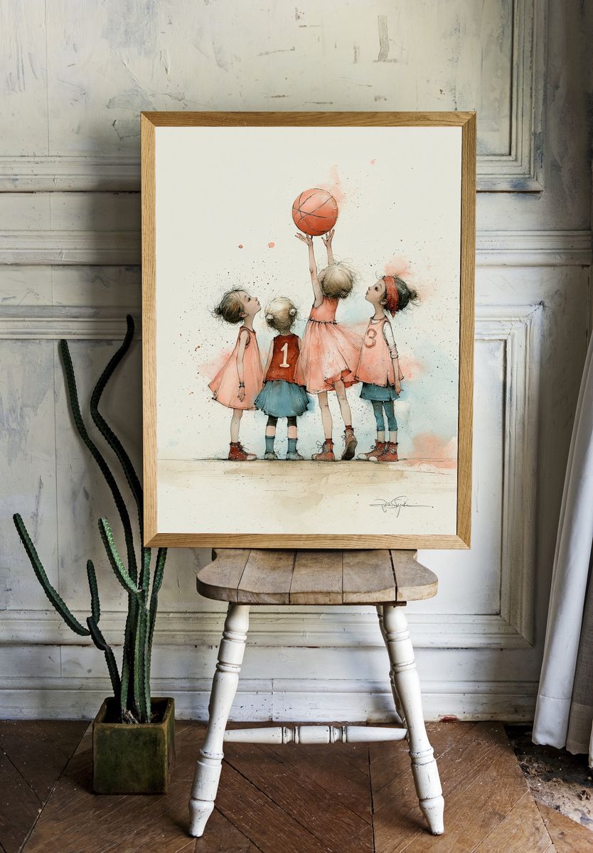 Girls Playing Basketball Illustration Poster. room preview