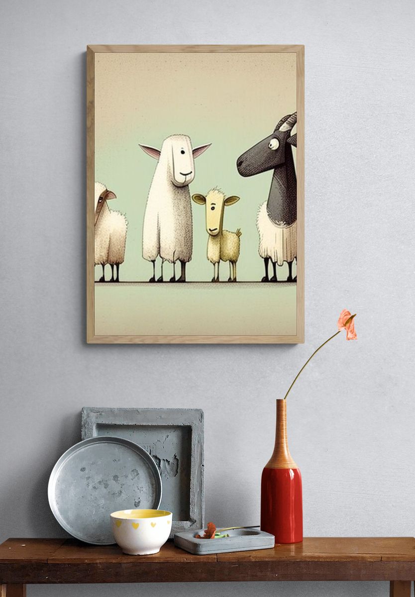 Whimsical Sheep Family Illustration Poster. — room view 3