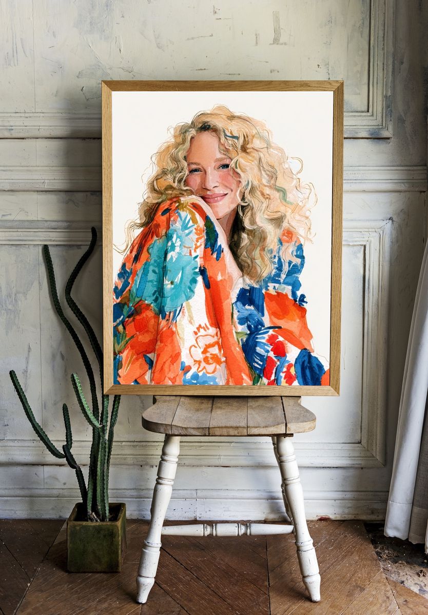 Smiling Woman Watercolor Portrait Poster. — room view 1