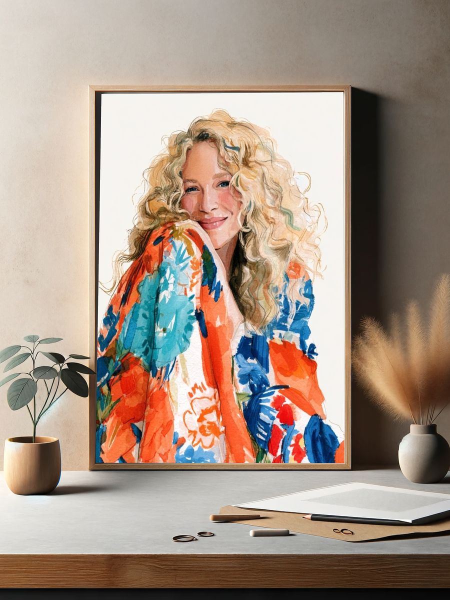 Smiling Woman Watercolor Portrait Poster. — room view 2