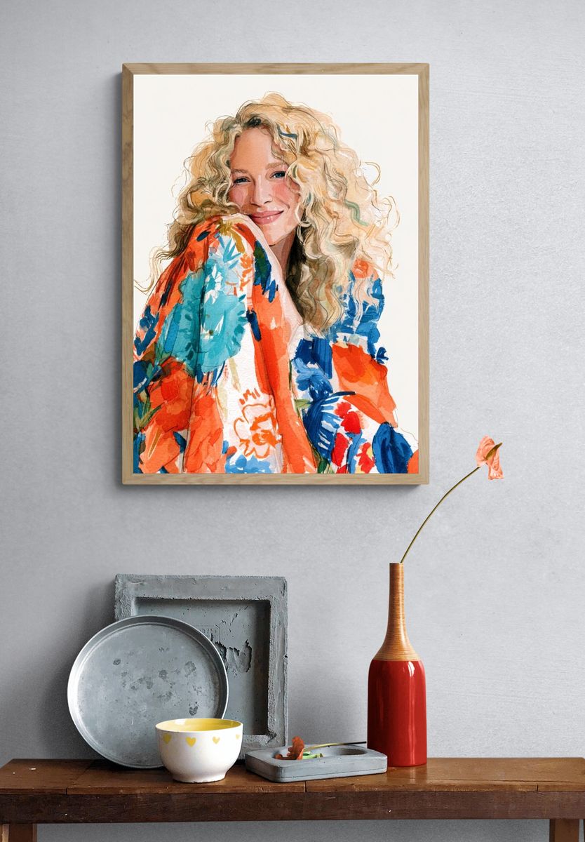 Smiling Woman Watercolor Portrait Poster. — room view 3