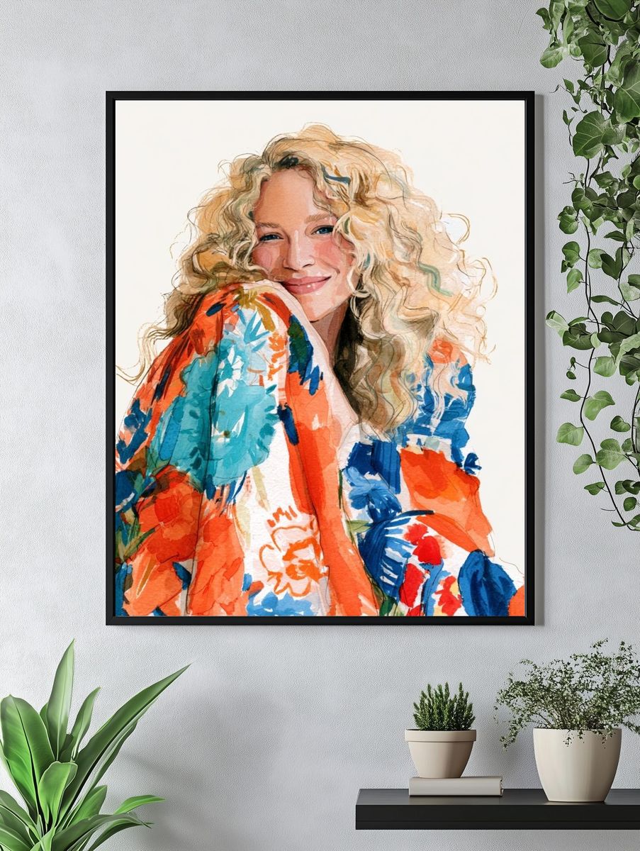 Smiling Woman Watercolor Portrait Poster. — room view 4