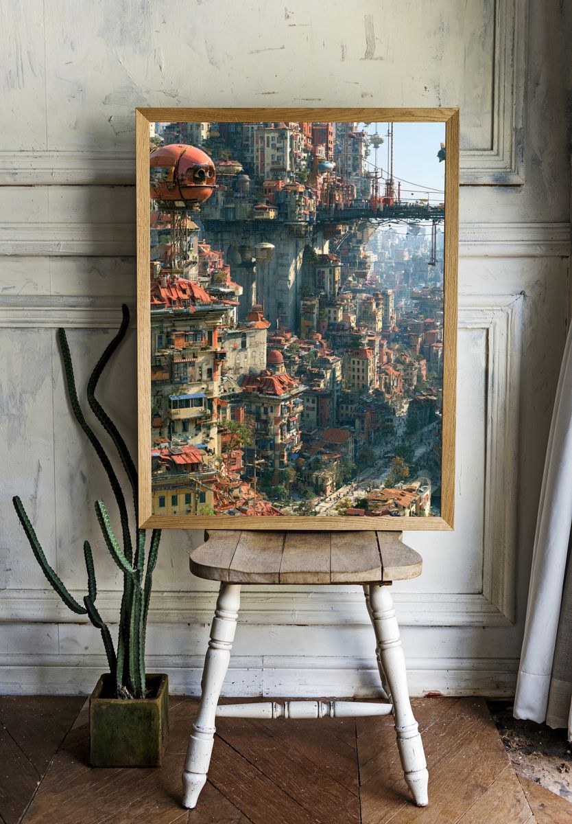 Futuristic Sky City Landscape Poster. room preview