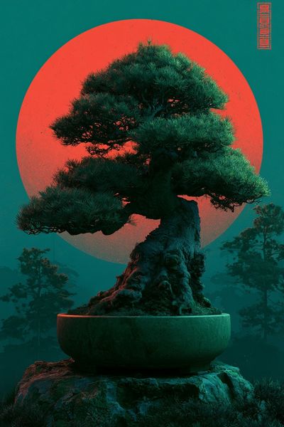 Bonsai Moonrise Illustration Poster. poster print