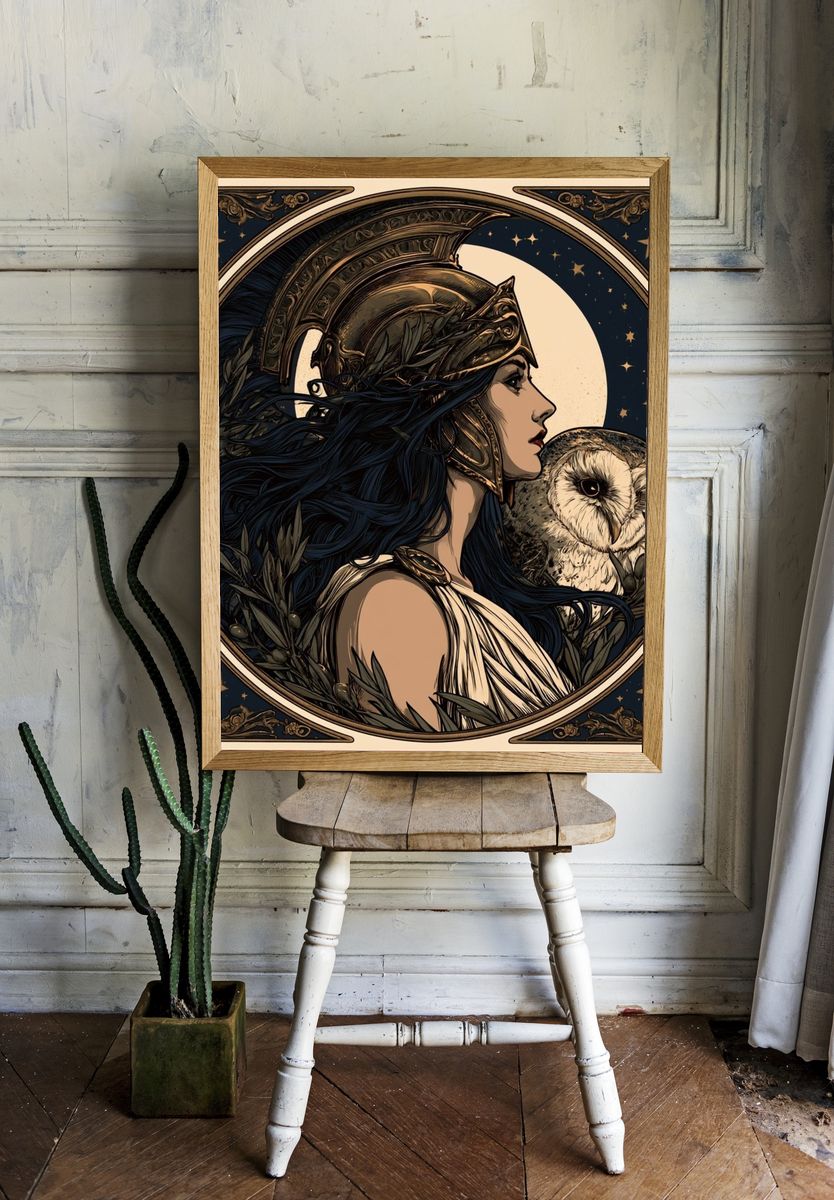 Athena and Owl Art Nouveau Poster. room preview