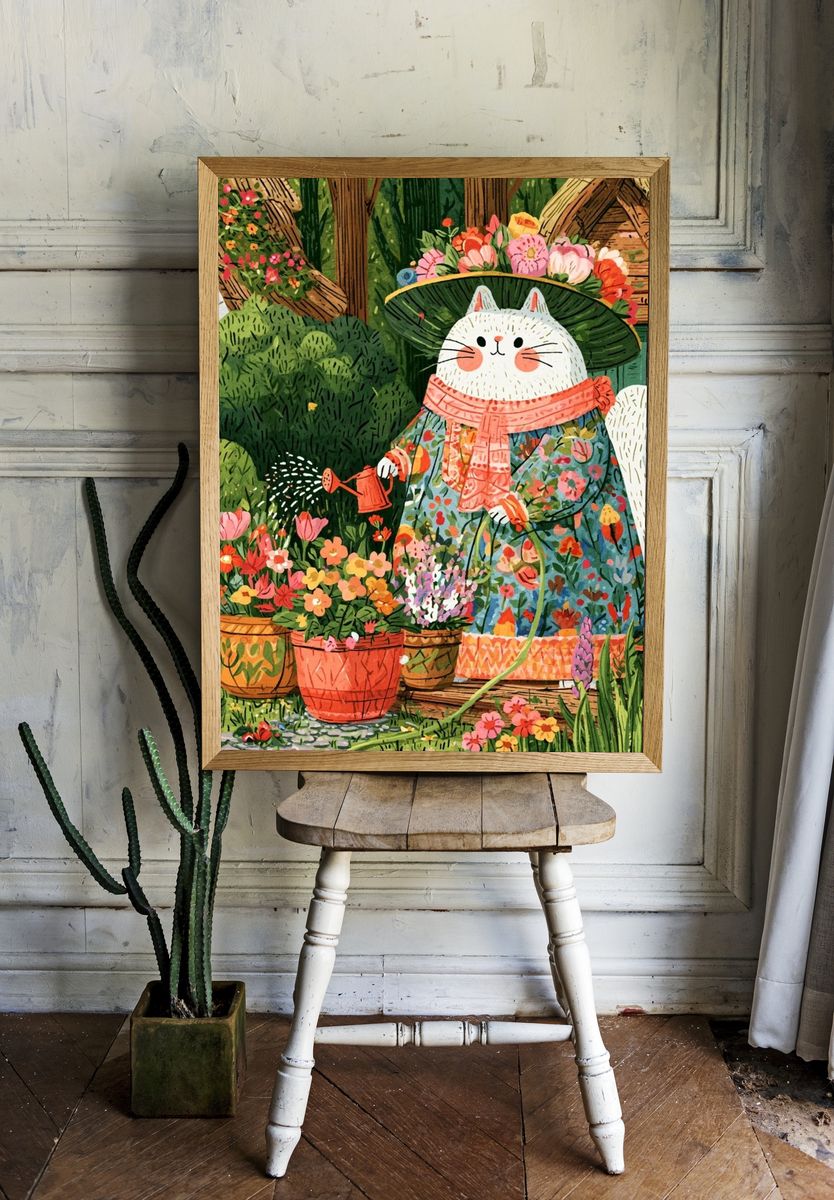 Garden Cat Illustration Poster. room preview