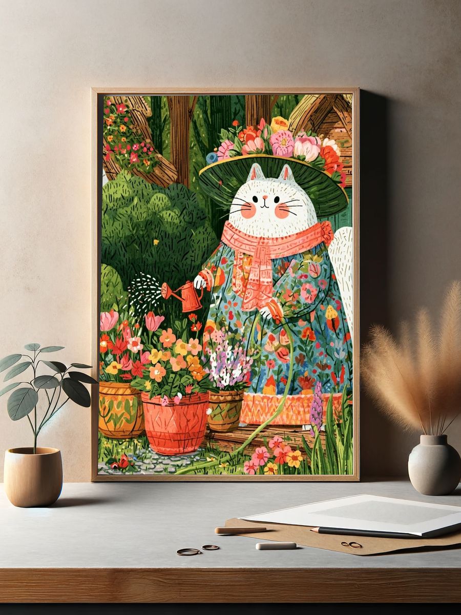 Garden Cat Illustration Poster. — room view 2