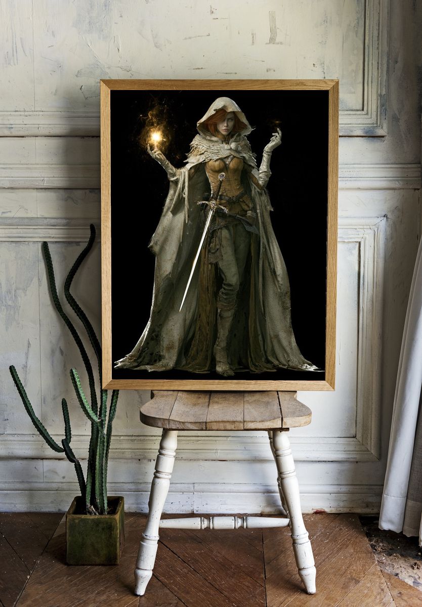 Mystic Hooded Sorceress Fantasy Print. room preview