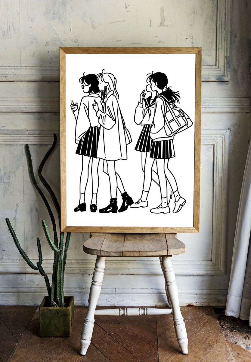Schoolgirls Line Art Poster. — room view 1