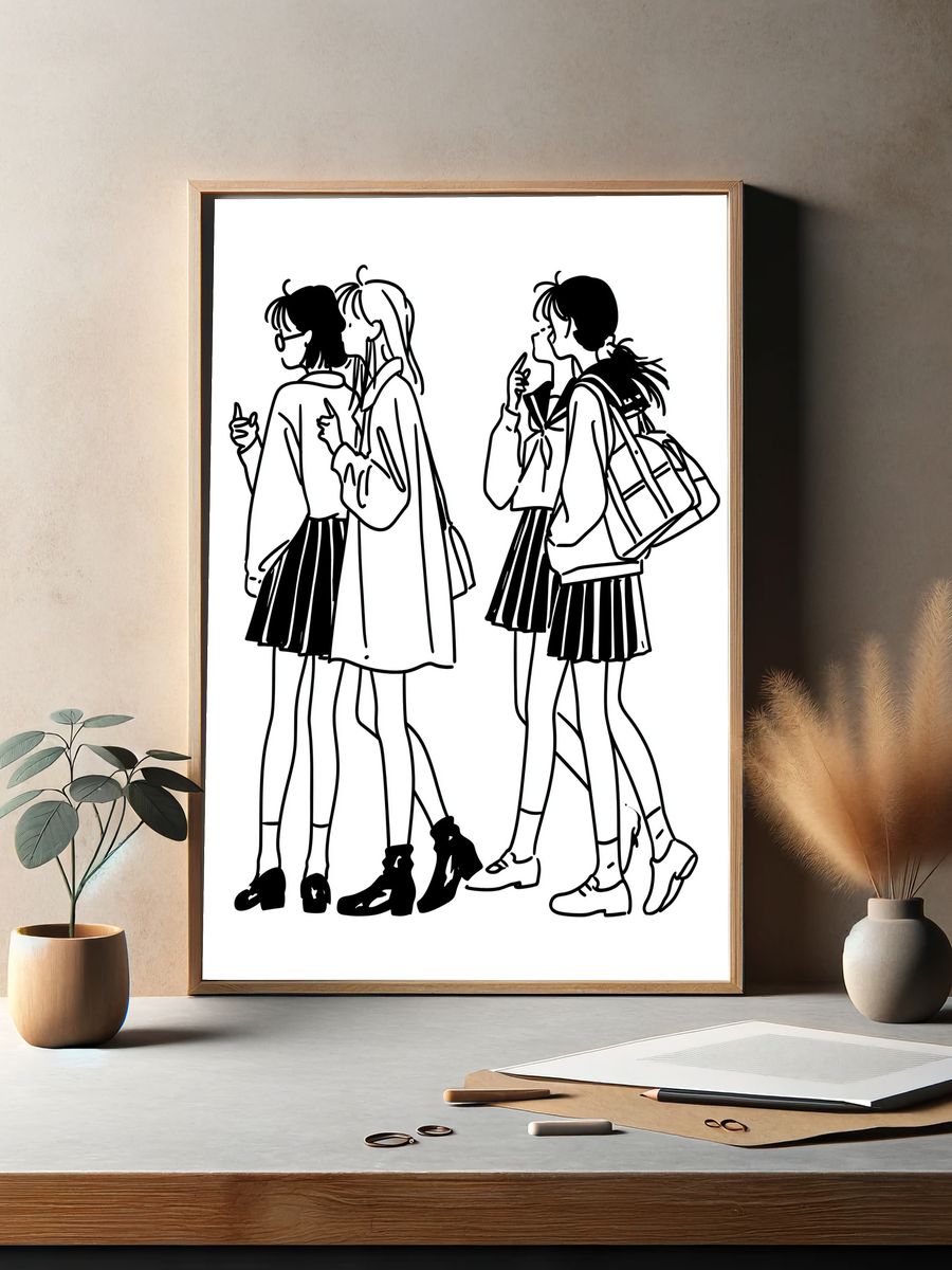 Schoolgirls Line Art Poster. — room view 2
