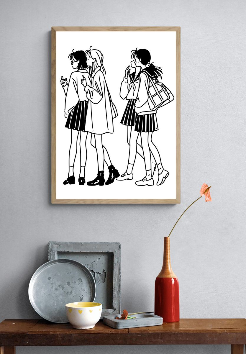 Schoolgirls Line Art Poster. — room view 3