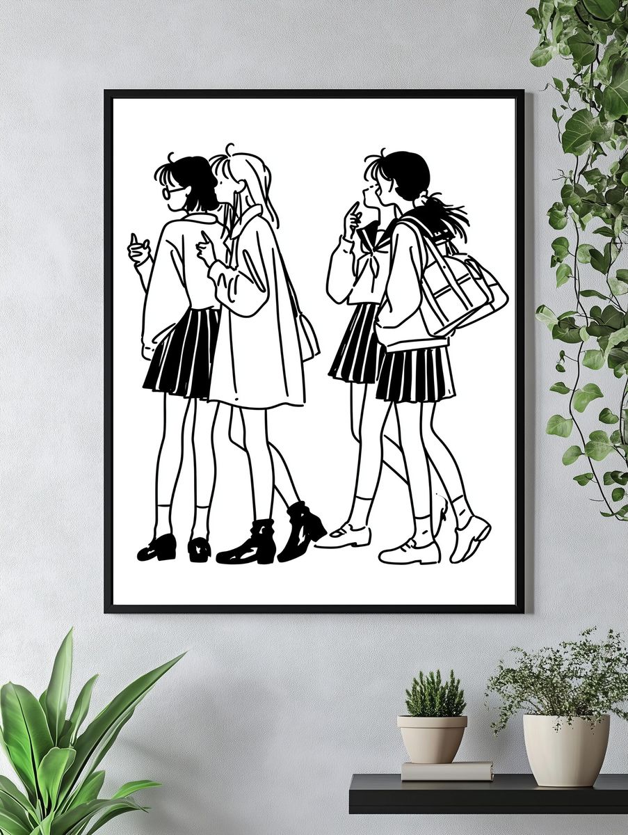 Schoolgirls Line Art Poster. — room view 4