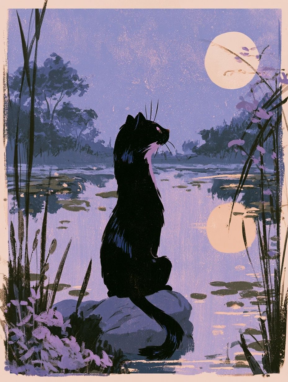 Moonlit Cat Lake Illustration Poster. poster detail