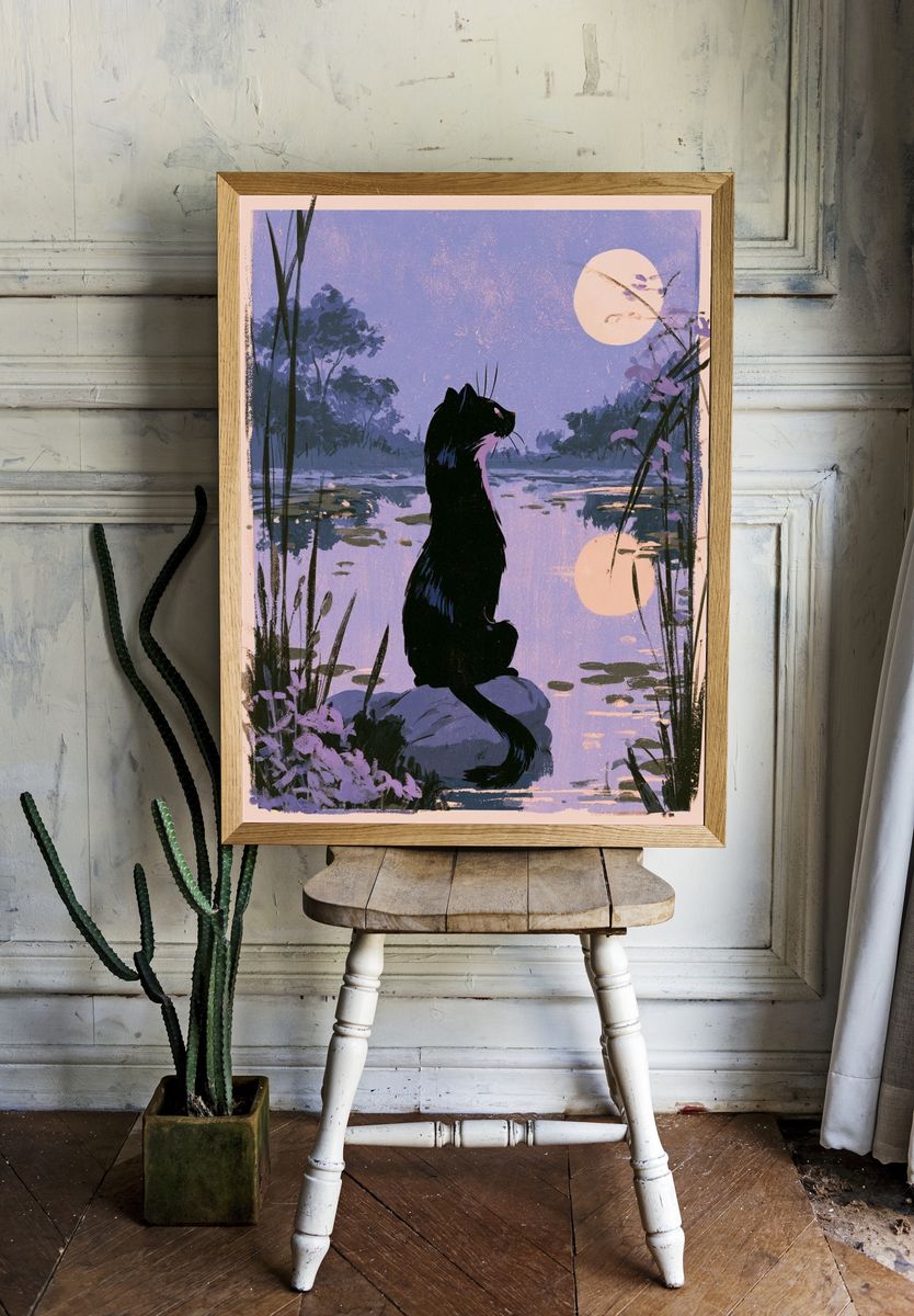 Moonlit Cat Lake Illustration Poster. — room view 1