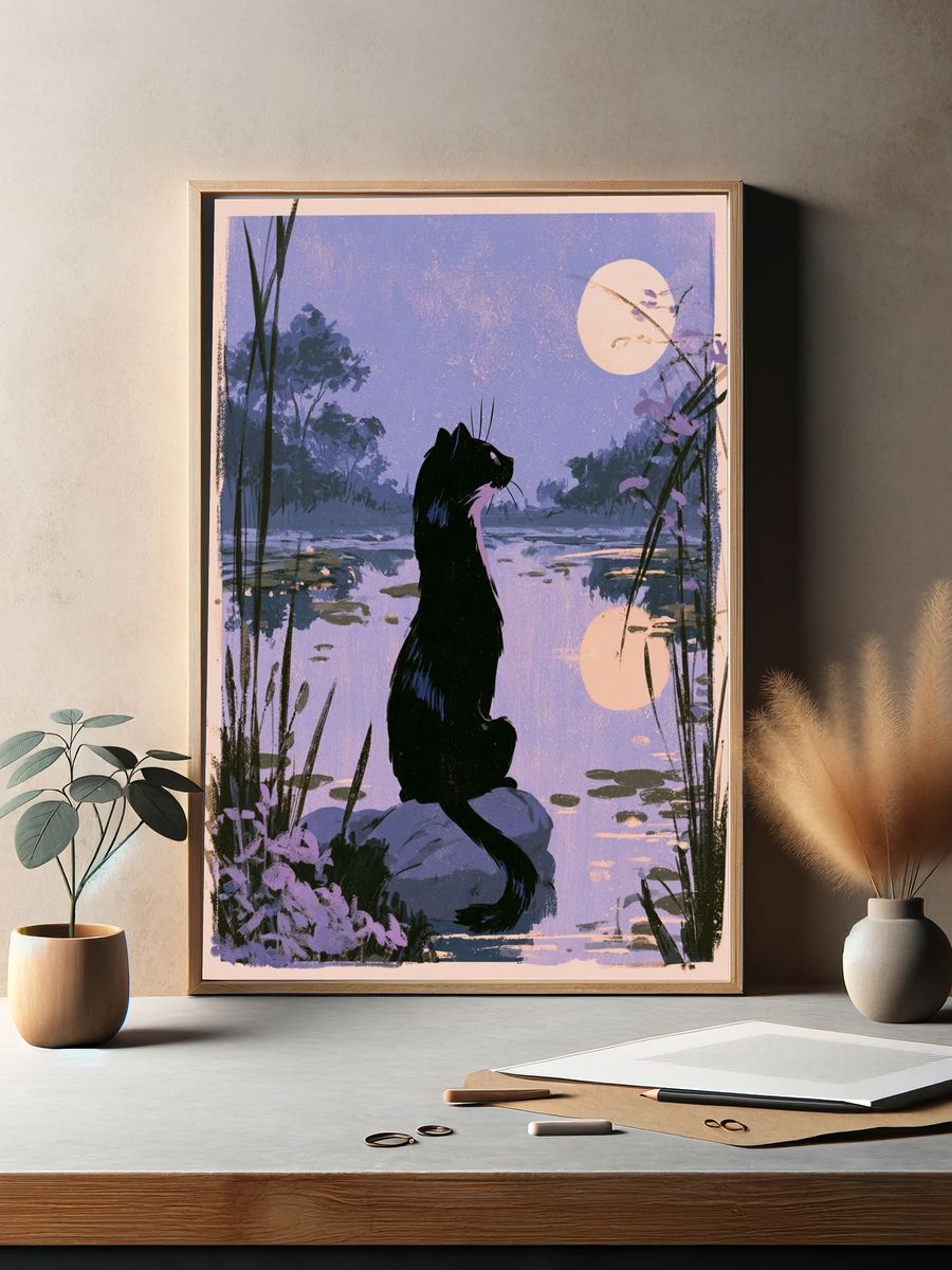 Moonlit Cat Lake Illustration Poster. — room view 2
