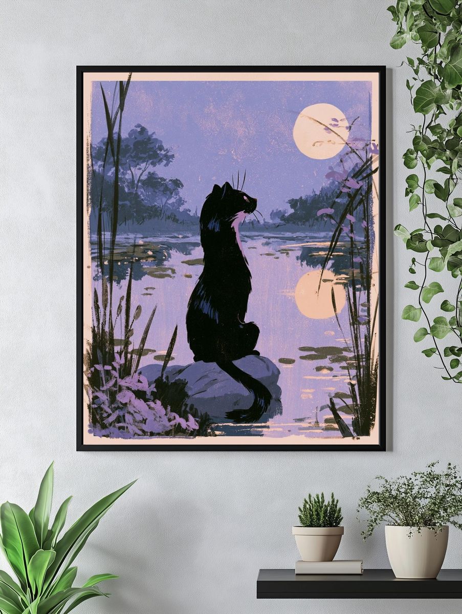 Moonlit Cat Lake Illustration Poster. — room view 4