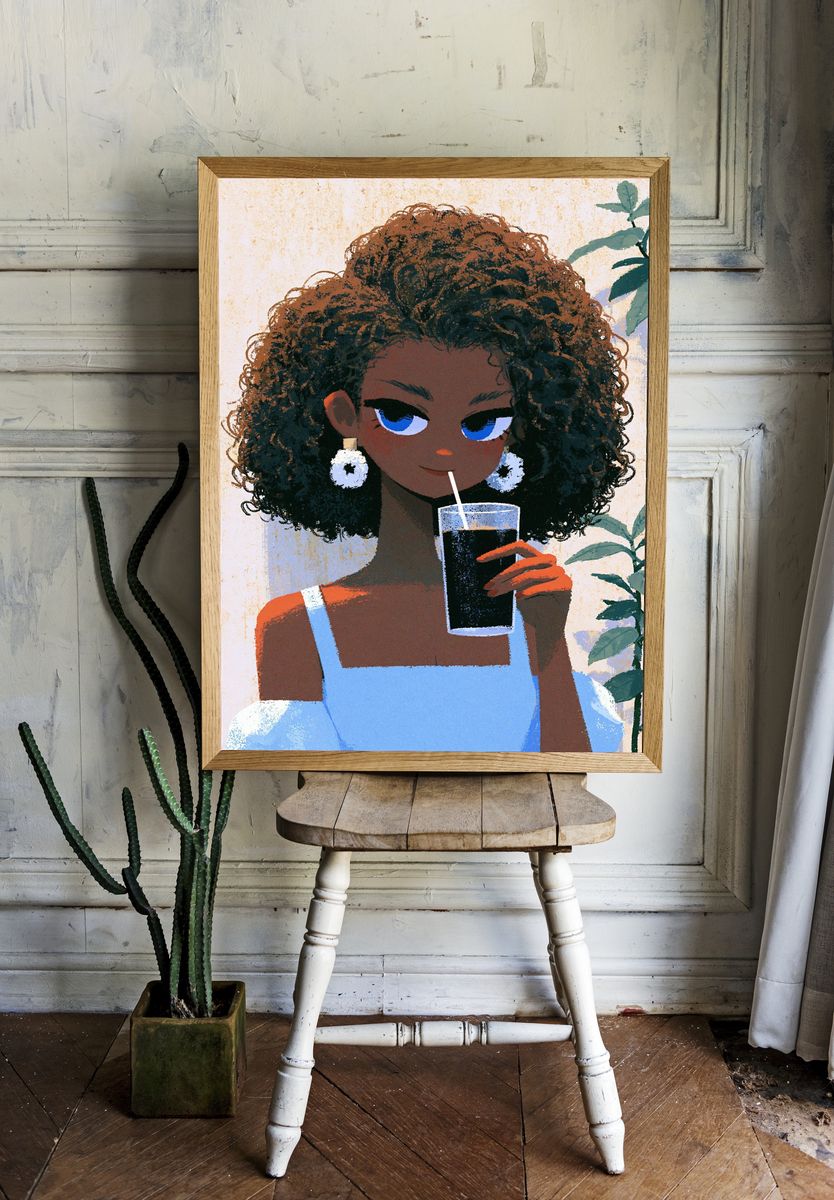Stylish Girl with Drink Illustration Poster. room preview