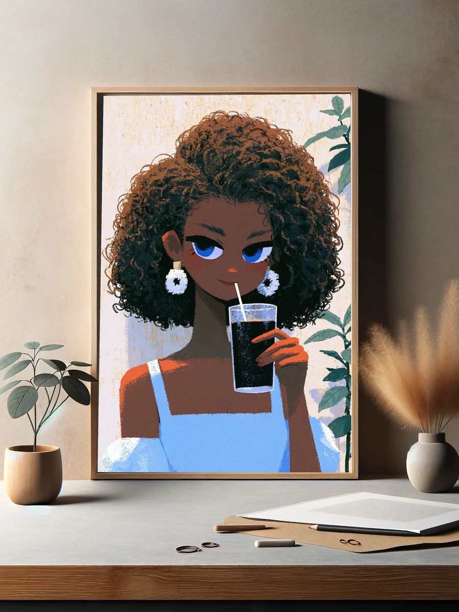 Stylish Girl with Drink Illustration Poster. — room view 2