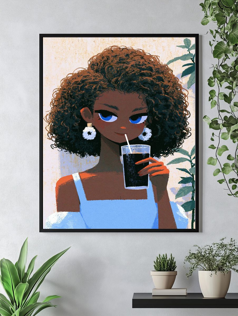 Stylish Girl with Drink Illustration Poster. — room view 4