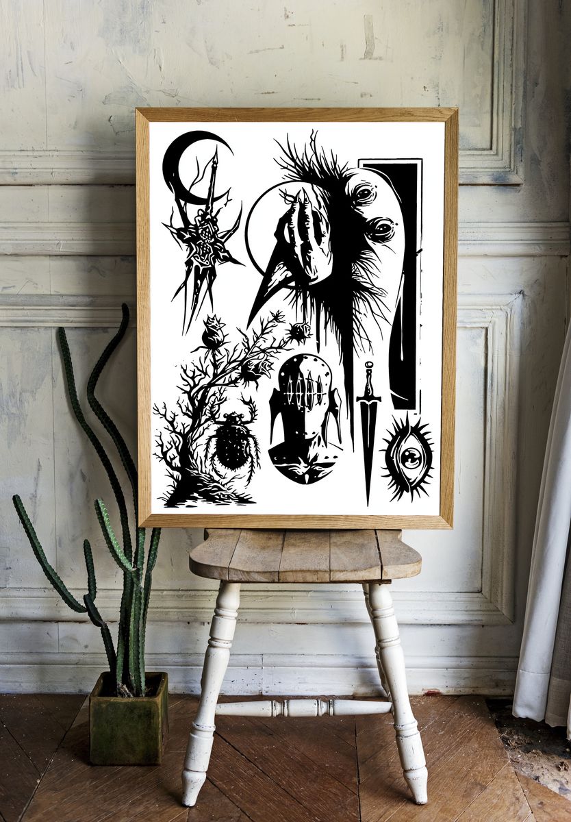 Dark Surreal Ink Illustration Poster. — room view 1