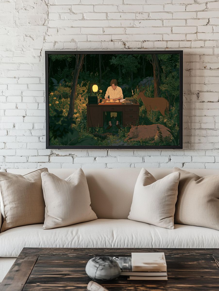 Forest Writer with Deer Illustration Poster. — room view 1