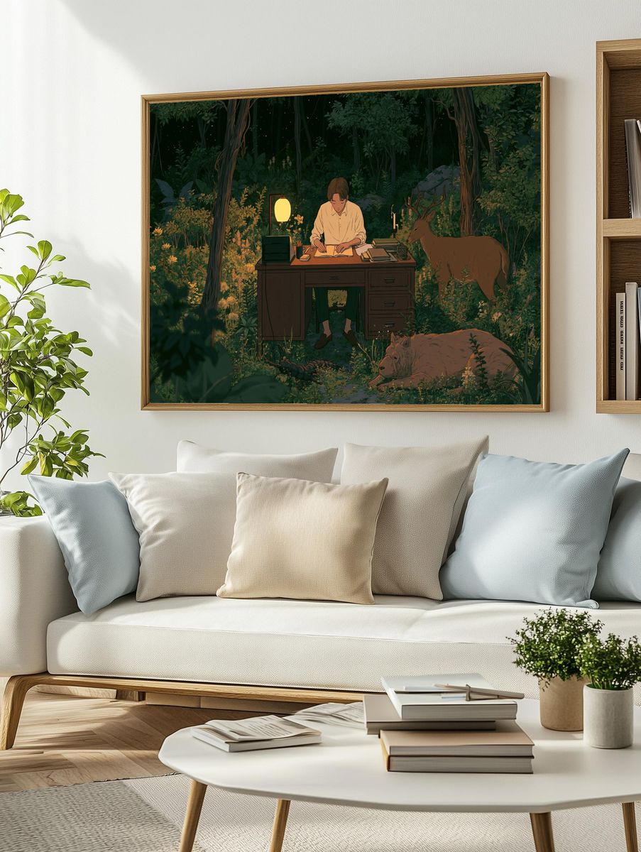 Forest Writer with Deer Illustration Poster. — room view 2