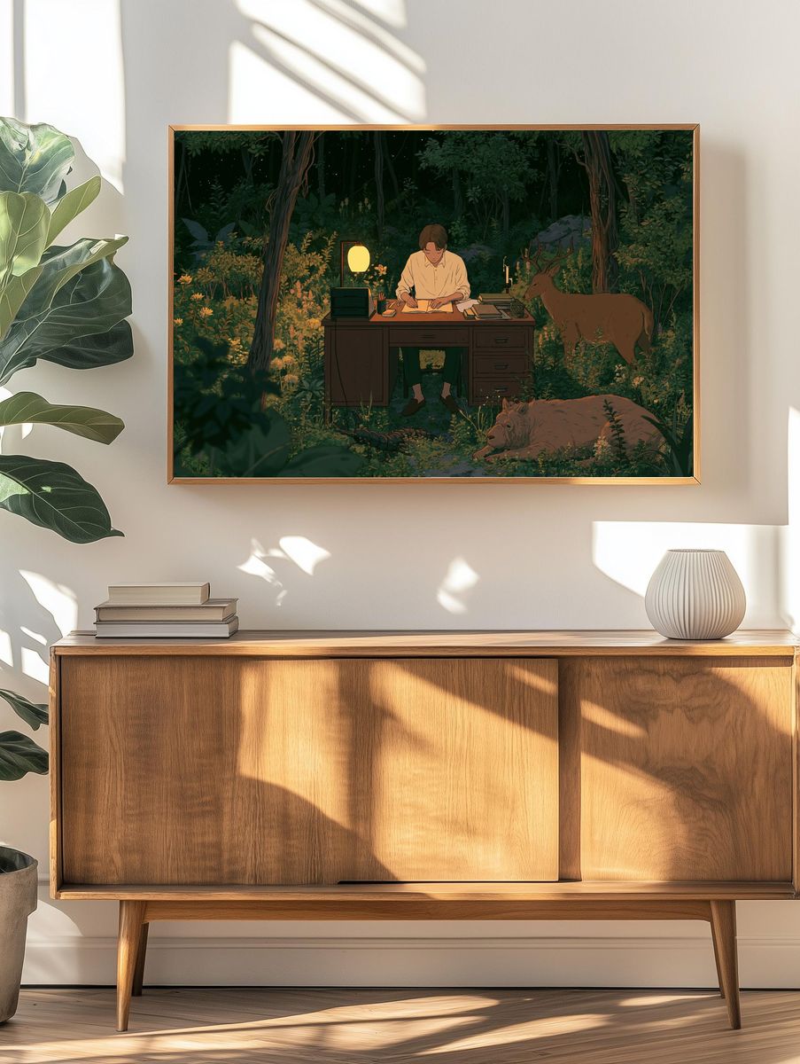 Forest Writer with Deer Illustration Poster. — room view 3