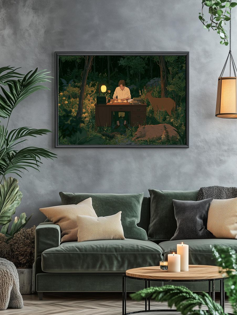 Forest Writer with Deer Illustration Poster. — room view 4