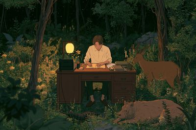 Forest Writer with Deer Illustration Poster. poster