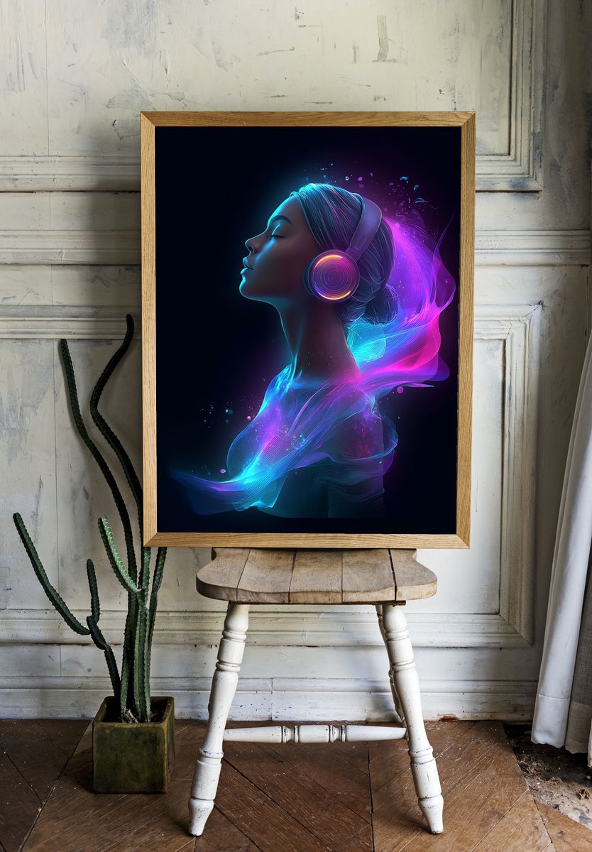 Neon Headphones Portrait Print. room preview