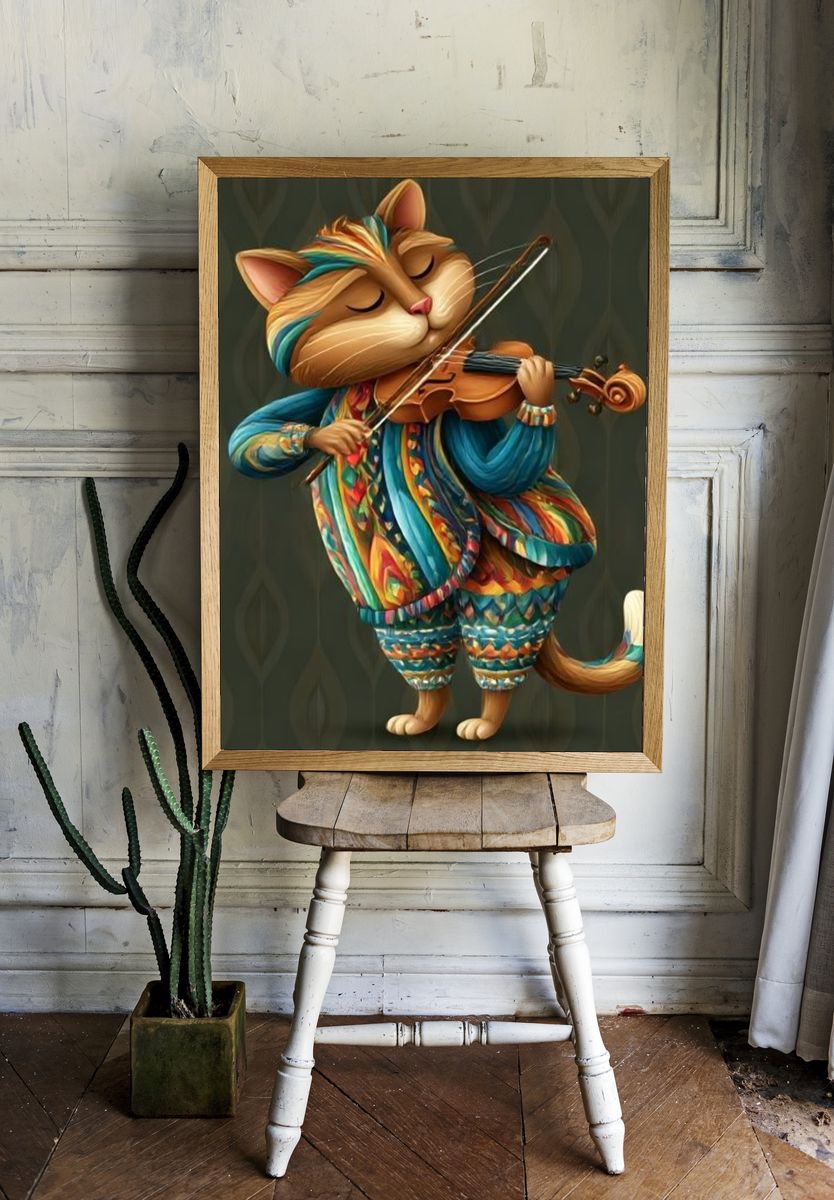 Cat Violinist Illustration Poster. — room view 1