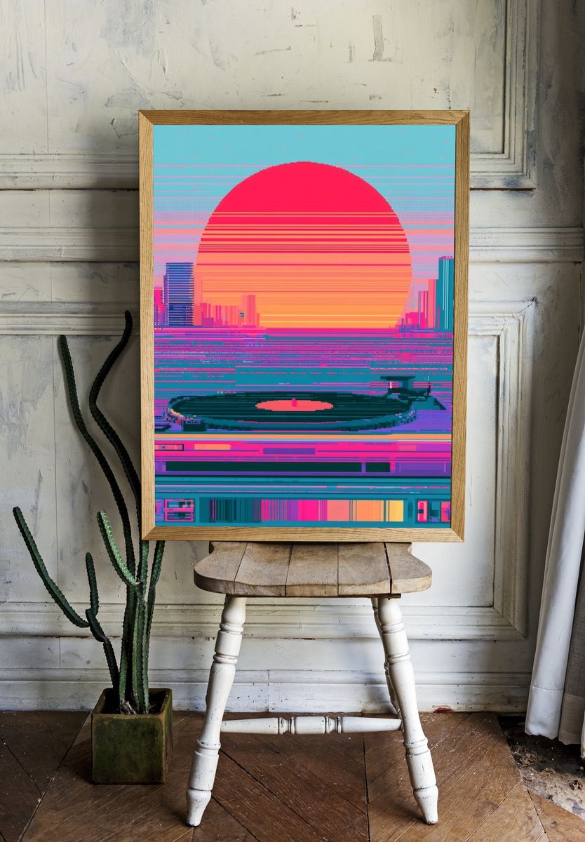 Neon Sunset Cityscape Poster. room preview
