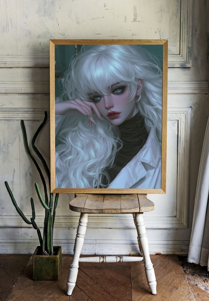 White-Haired Portrait Illustration Poster. — room view 1