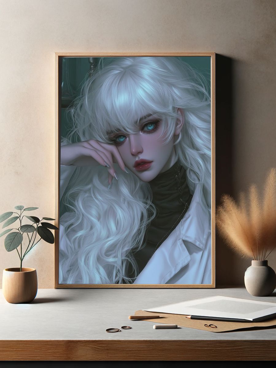 White-Haired Portrait Illustration Poster. — room view 2