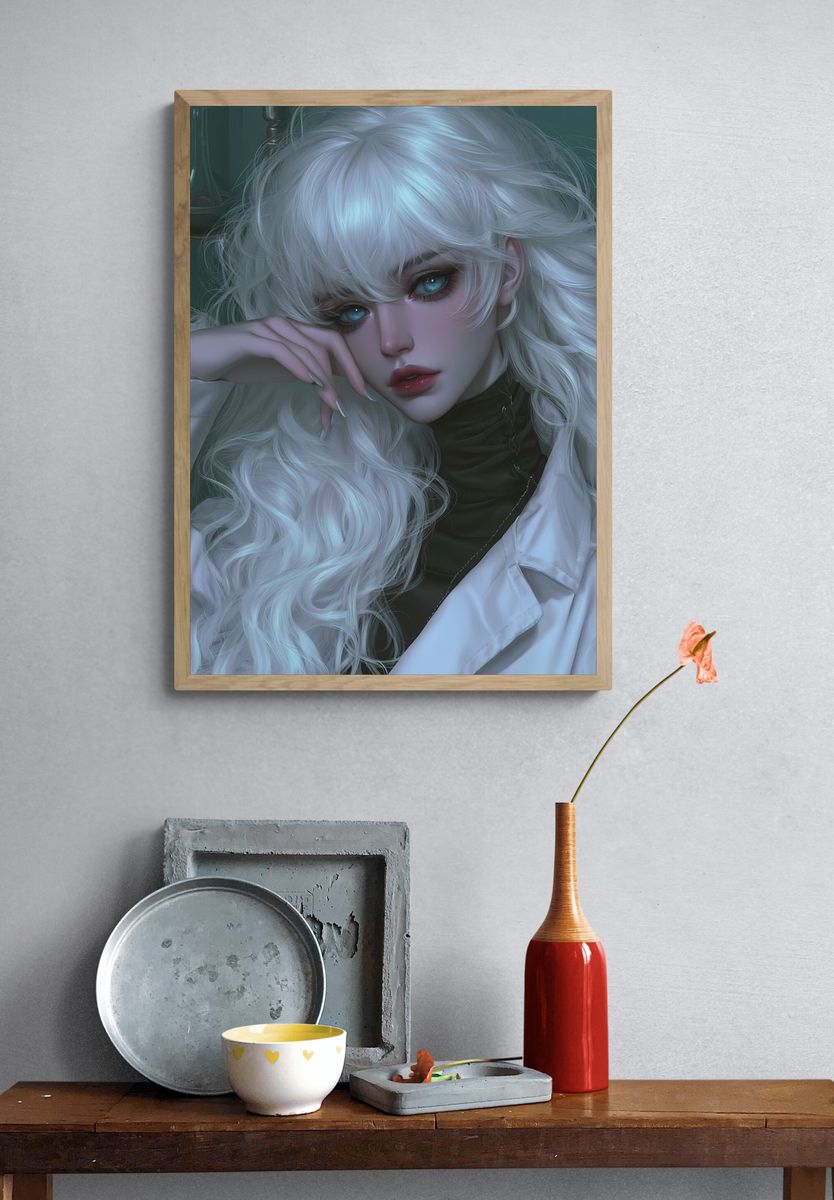 White-Haired Portrait Illustration Poster. — room view 3