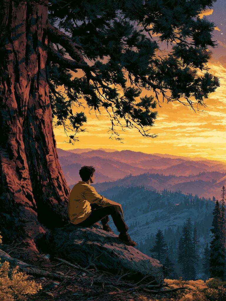 Mountain Sunset Hiker Illustration Poster. poster — illustration art