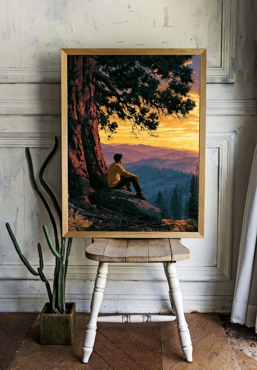 Mountain Sunset Hiker Illustration Poster. — room view 1