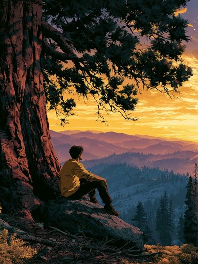 Mountain Sunset Hiker Illustration Poster. poster print