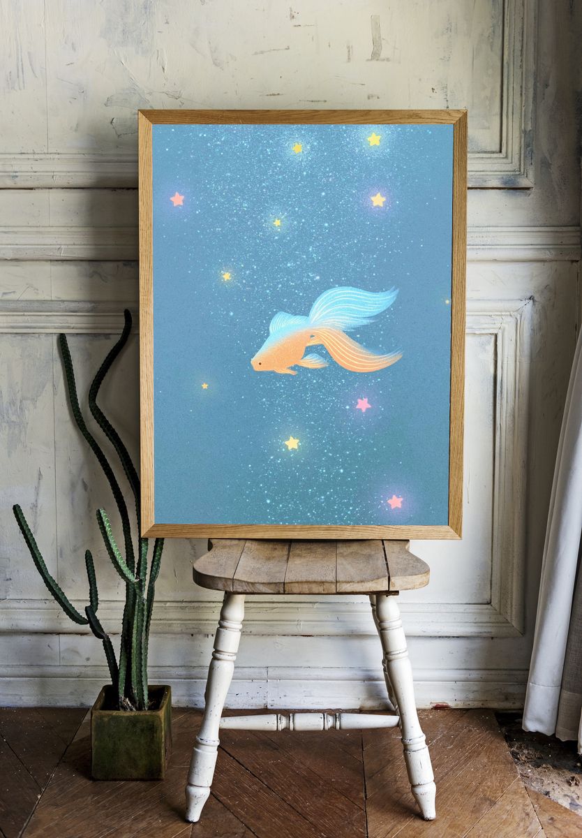 Dreamy Goldfish Stars Illustration Poster. room preview