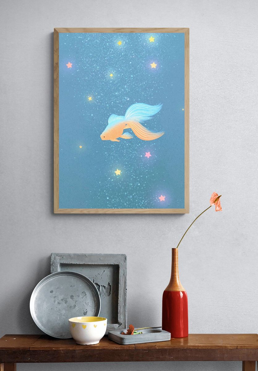 Dreamy Goldfish Stars Illustration Poster. — room view 3