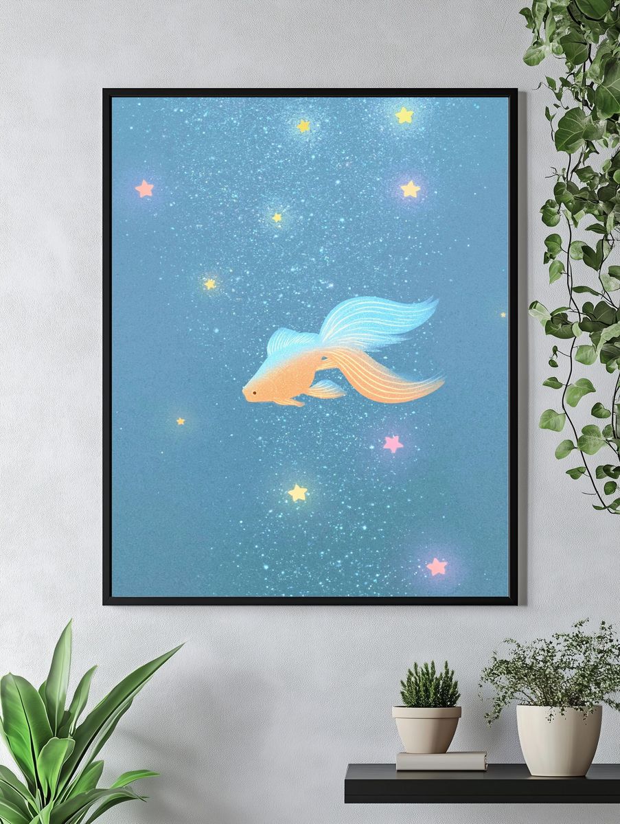 Dreamy Goldfish Stars Illustration Poster. — room view 4