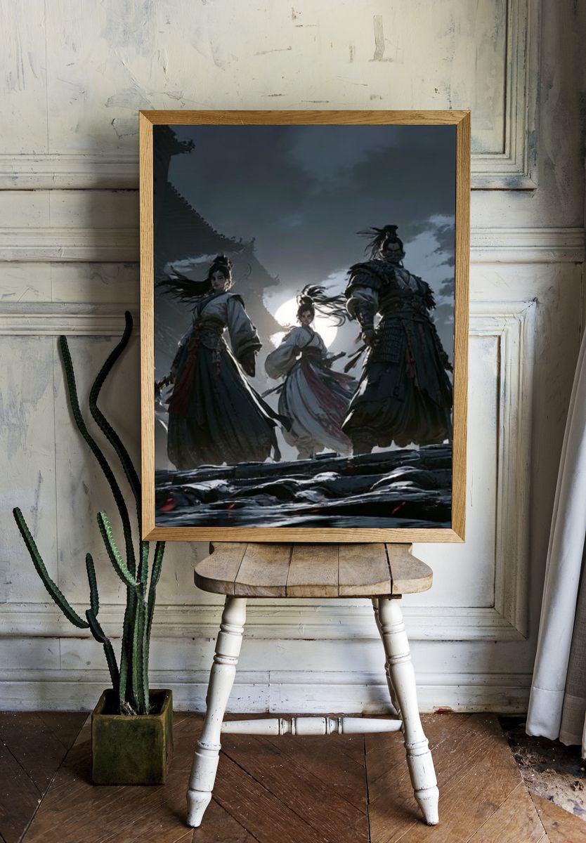 Samurai Moonlit Battle Illustration Poster. — room view 1